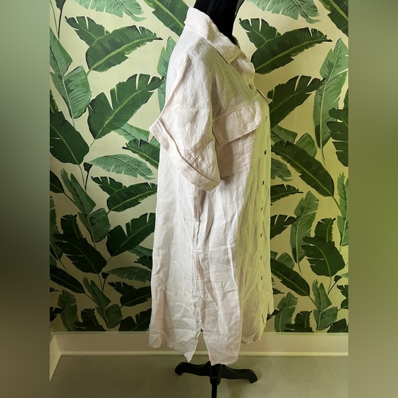 Paradise 100% Italian Linen Beige Button Front Short Sleeve Midi Dress M - Picture 6 of 9